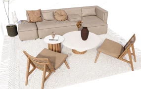 Japandi Low Profile Sofa And Cane Lounge Chair Living Room Set SketchUp 3D Model