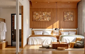 Japandi Twin Hotel Suite Bedroom Interior Scene