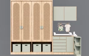Japandi Rattan Nursery Wardrobe & Changing Station SketchUp 3D Model