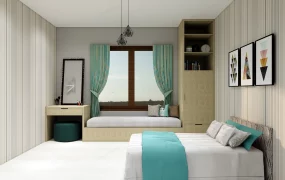 Modern Teal And Beige Bedroom