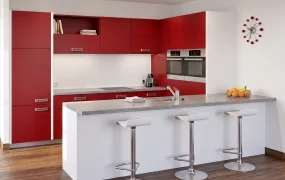 Modern Crimson & White Kitchen With Island
