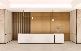 Modern Warm Wood Reception Counter & Backdrop