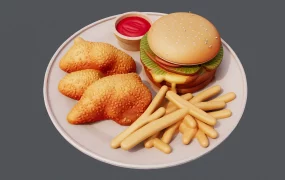 Fried Chicken And Burger With French Fries