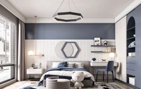 Modern Slate Blue Kids Bedroom & Study Scene