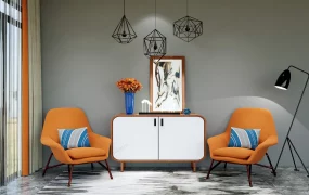 Bright Orange Accent Chairs And Sideboard