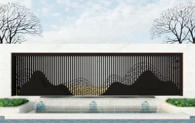 Asian Style Landscaped Wall And Fountain