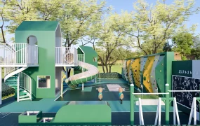 Green Playground With Climbing Wall