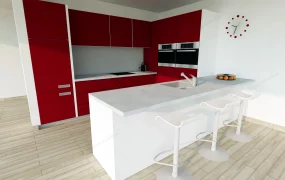 Red And White Kitchen With Bar