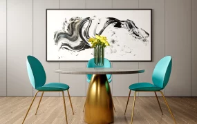 Modern Round Pedestal Dining Table And Teal Accent Chairs SketchUp 3D Model