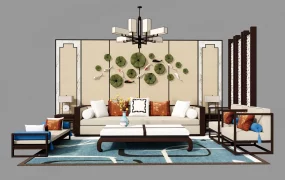Modern New Chinese Living Room Furniture & Backdrop Set SketchUp 3D Model