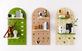 Modern Arched Wooden Pegboard Wall Shelves & Decor Set SketchUp 3D Model