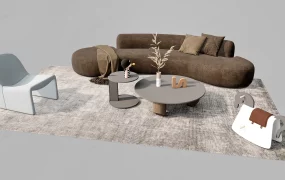 Curved Organic Sofa & Living Room Furniture Set SketchUp 3D Model