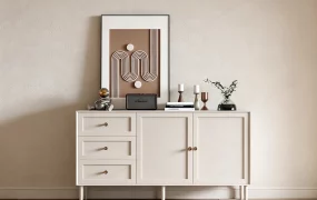 Modern Cream Wooden Sideboard & Decor Vignette SketchUp 3D Model