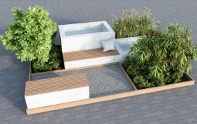 Patio Garden With Bench And Pond