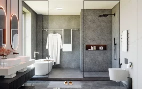 Gray Bathroom With Shower And Tub