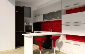 Small Red Black And White Kitchen