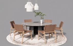 Round Marble Dining Set And Leather Chairs SketchUp 3D Model
