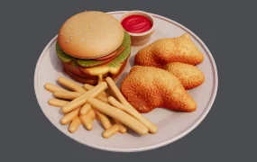 Hamburger With Fried Chicken And French Fries