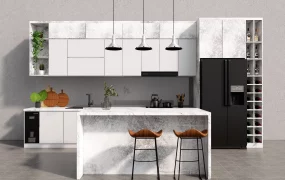 White Marble Kitchen Cabient And Sink