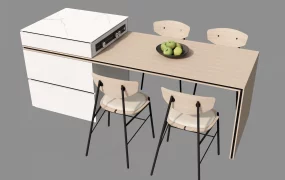 Modern Integrated Kitchen Island And Dining Table Set SketchUp 3D Model
