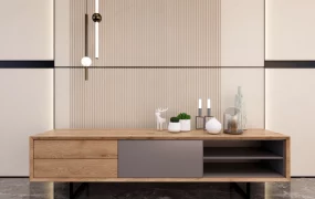 Modern Oak TV Media Console And Fluted Feature Wall Set SketchUp 3D Model