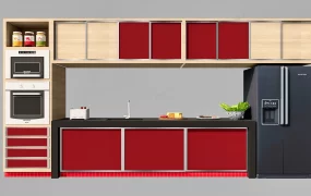 Red Black And Natural Wood Kitchen Cabinets