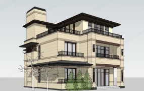Modern Prairie Style Three Story Villa SketchUp 3D Model