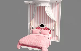 European Princess Style Canopy Bed With Wall Backdrop SketchUp 3D Model