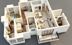 Modern Three Bedroom Residential Apartment 3D Floor Plan
