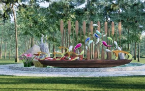 Public Park Boat And Water Feature Sculpture SketchUp 3D Model
