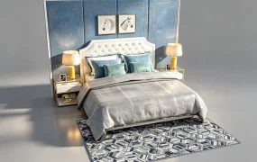 Modern Luxury Blue Velvet Bedroom Suite With Wall Backdrop SketchUp 3D Model