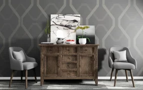 Rustic Dark Wood Sideboard Credenza And Accent Chairs SketchUp 3D Model