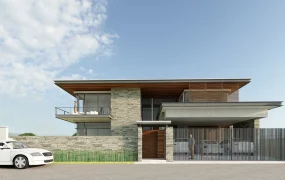Modern Minimalist Two Story Stone And Timber Villa SketchUp 3D Model