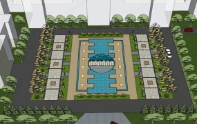 Modern Symmetrical Urban Park Public Plaza And Water Feature SketchUp 3D Model