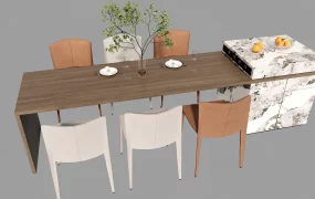 Modern Dining Table Set Integrated With A Kitchen Island SketchUp 3D Model