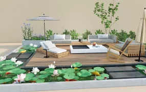Outdoor Patio Deck With Pond