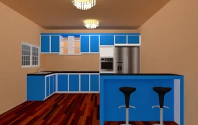 Blue Kitchen Cabinet And Breakfast Bar