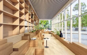 Narrow Literary Cafe Interior