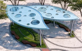 Modern Leaf Shaped Glass Pavilion With Urban Seating SketchUp 3D Model