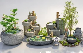 Traditional Zen Garden Stone Water Fountain Collection SketchUp 3D Model