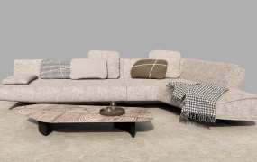 Modern Angled Sectional Sofa And Wood Coffee Table SketchUp 3D Model