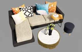 L Shaped Sectional Sofa And Marble Coffee Table Set SketchUp 3D Model