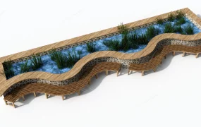 Serpentine Water Feature And Public Seating Bench SketchUp 3D Model