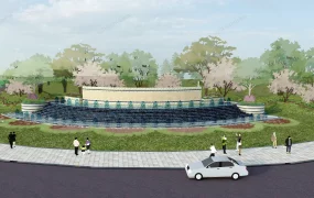 Curved Fountain In Urban Park