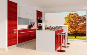 Red And White Kitchen With Island