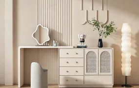 Cream Makeup Vanity With Storage