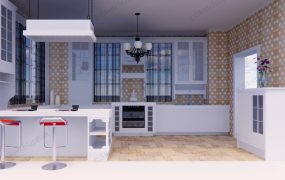White And Orange Kitchen With Breakfast Bar