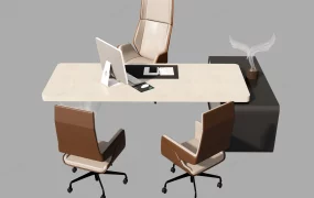 Modern Executive Office Desk & Leather Seating Set SketchUp 3D Model