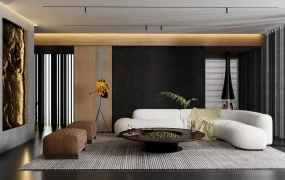 Luxurious Dark Themed Brutalist Living Room